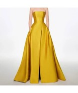 Strapless Sleeveless A Line Floor Length Gold Satin Slit Dress Pockets E... - $126.00
