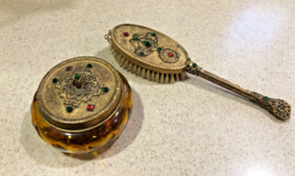 Antique 14kt Gold Plated Jeweled Filligree Hair Brush and Vanity Jar - £59.50 GBP