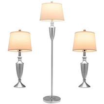 3 Piece Lamp with Set Modern Floor Lamp and 2 Table Lamps-Silver - Color: Silver - £94.60 GBP