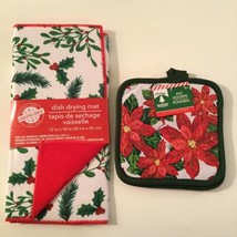 Winter 3 pc dish drying mat holly pot holders poinsettia Christmas House red  - £12.50 GBP