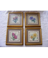 Vintage Lot of 4 Cross Stitched Flowers in Custom Frames by B&amp;R Frame Shop - $106.91