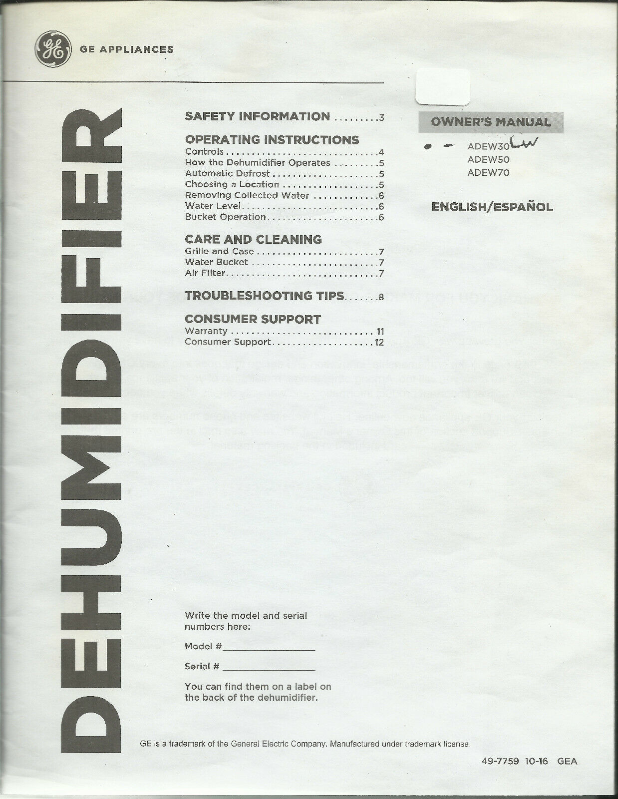 Printed Operating Instructions Manual for GE Dehumidifier ADEW30 ADEW50 & ADEW70 - $23.87