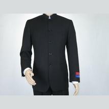 Men Apollo King Banded Collarless suit Mandarin 5 Button Wide leg M5-1 Black image 3