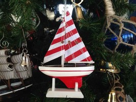 Wooden Red Striped Sailboat Model Christmas Tree Ornament  - $18.99