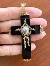 ANTIQUE VICTORIAN LARGE ONYX 18K CROSS PENDANT w/ PAINTED ENAMEL YOUNG G... - $2,642.31