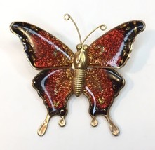 Vintage Gold Tone Sparkle Orange Red Black Butterfly Insect Brooch Pin Pendant - £11.74 GBP