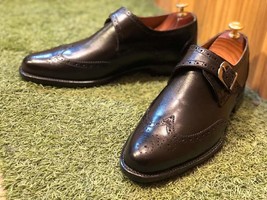 Bespoke Handmade Black Color Genuine Leather Monk Strap Wing Tip Men Shoes - £157.24 GBP