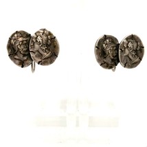 Antique Sterling Victorian Repousse Carved Man Woman Circle Screw Back Earrings - £66.28 GBP