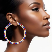Hoop Red White Blue Tube Rhinestone 3&quot; Earrings - $548.35 MXN