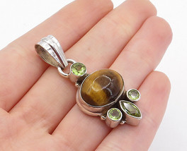 925 Sterling Silver - Vintage Cabochon Cut Tiger&#39;s Eye &amp; Peridot Pendant- PT3099 - £35.50 GBP