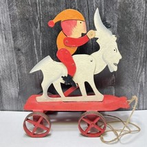 Vintage Hand Made Metal Pull Toy Elf Gnome Riding a Goat Folk Art  - £127.78 GBP