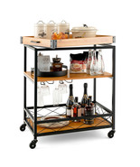 3-Tier Wine Bar Cart Rolling Rack Serving Trolley Detachable Top &amp; Glass... - £122.58 GBP