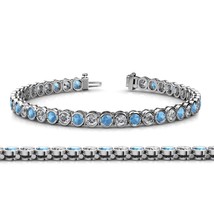Gift 4CT Bezel Set Blue Topaz &amp; Cubic Zirconia Tennis Bracelet in 925 Silver - £110.74 GBP