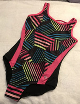Justice Active Yth Girl&#39;s Sz. 12 Blk Abstract 1 Piece Swimsuit Gymnastics Lined - £18.77 GBP