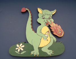 Handmade vintage baby dinosaur with bottle wooden green painted wall plaque - $57.96 CAD