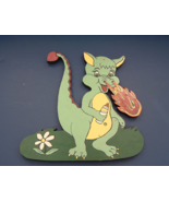 Handmade vintage baby dinosaur with bottle wooden green painted wall plaque - €36,70 EUR