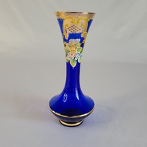 Vintage Cobalt Blue Glass Vase Handpainted &amp; Gold Floral Design Enamel Japan - £14.07 GBP