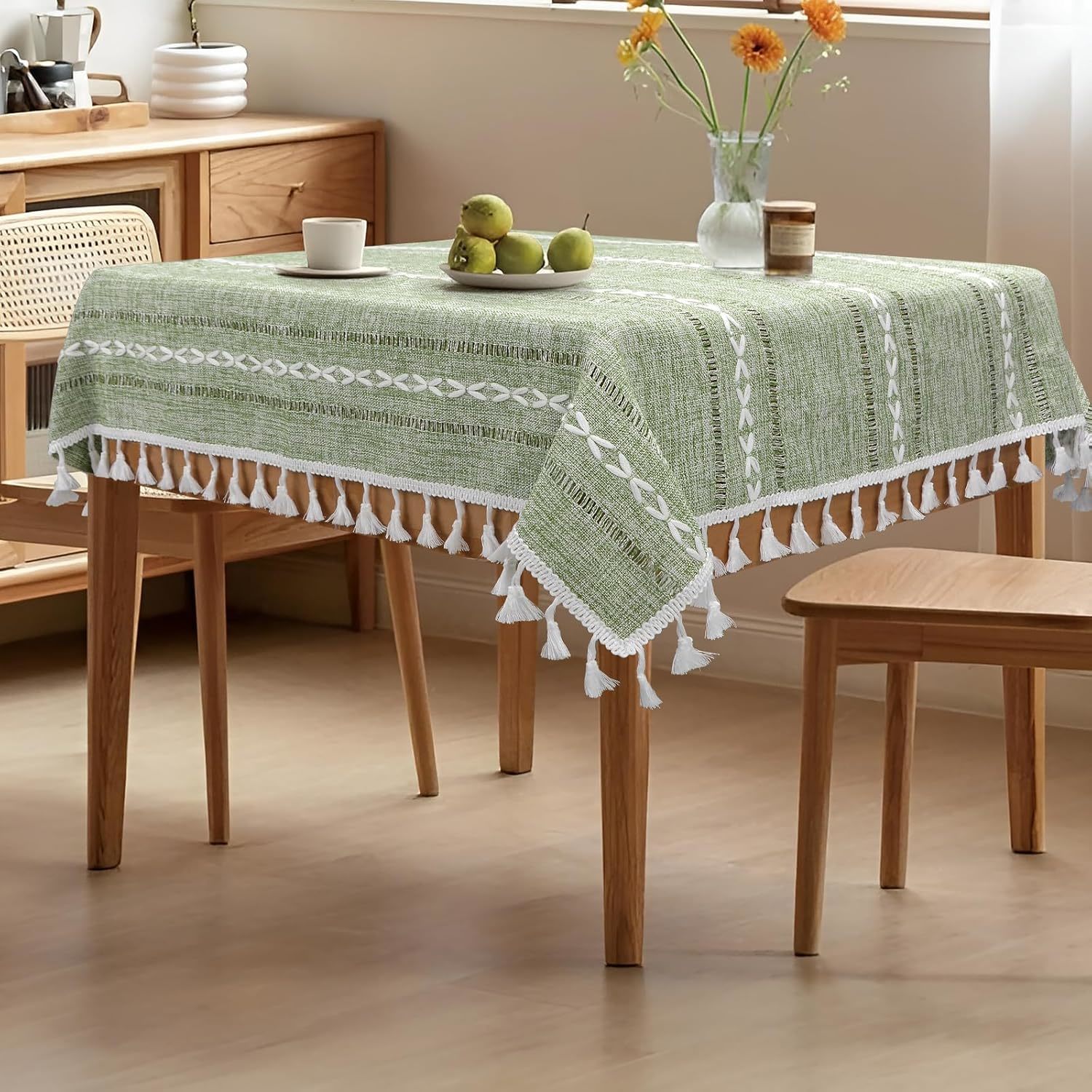 Boho Small Square Tablecloth 36''X36'', Sage Green Linen Table Cover For Coffee