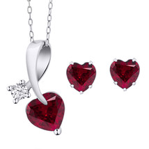 2.71 Ct Heart Shape Red Created Ruby 925 Sterling Silver Pendant Earrings Set - $327.21