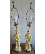 Mid Century Asian Farmers Couple Figures Gilded Ceramic Lamps 16&quot; Tall E... - $109.16 CAD