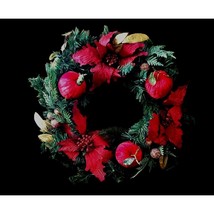 Poinsettias Apples 24&quot; Wreath Christmas Red Gold Glitter Winter Holiday - $24.30