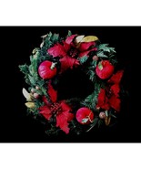 Poinsettias Apples 24&quot; Wreath Christmas Red Gold Glitter Winter Holiday - £19.09 GBP