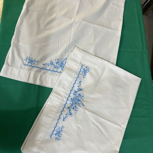 Primary image for 2 Machine Embroidered White Pillow Cases Blue Flowers Standard 20" x 29”