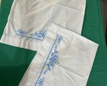 2 Machine Embroidered White Pillow Cases Blue Flowers Standard 20&quot; x 29” - $11.88