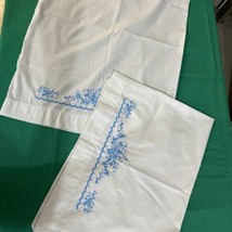 2 Machine Embroidered White Pillow Cases Blue Flowers Standard 20&quot; x 29” - £9.51 GBP