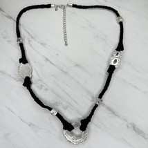 Chico&#39;s Black Braided Hammered Metal Silver Tone Necklace - £13.19 GBP