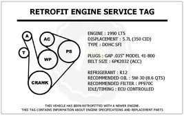 1990 LT5 5.7L Corvette Retrofit Engine Service Tag Belt Routing Diagram ... - $14.95