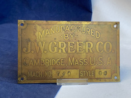 Vtg J.W. Greer Co Mach. No 740 Style GC Brass Plate Plaque Wall Hanging - £62.72 GBP