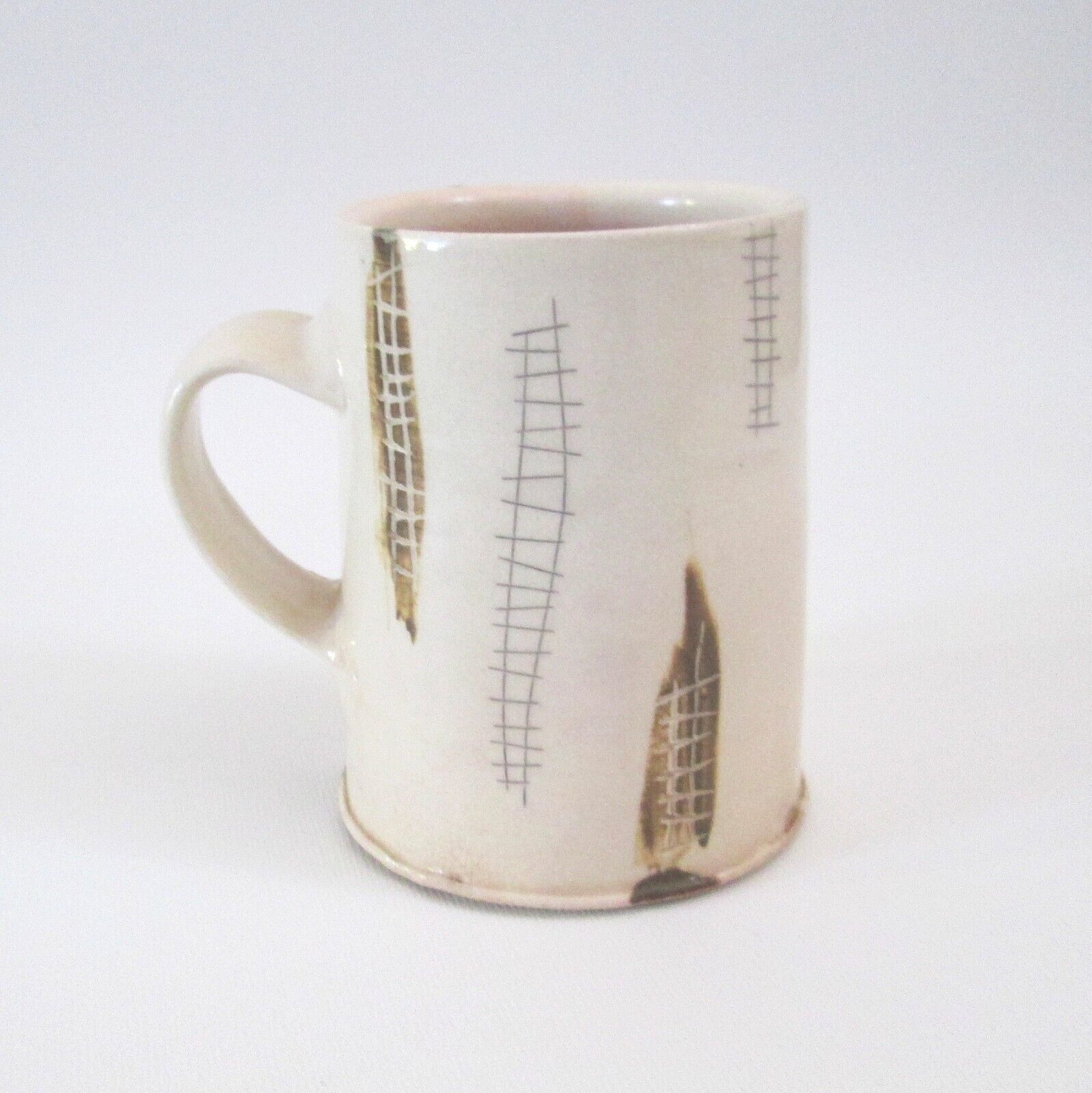 Primary image for Hand Thrown Pottery Mug Beige Glaze Brown Abstract Lattice Pattern Coffee Cup