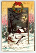 New Years Postcard Scenic Cottage Moon Trees Snow Fence Julius Bien Seri... - $13.06