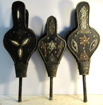 Set of Three Antique Moroccan Bellows Wall Decor Wood Leather Silver - $69.29