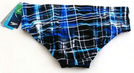 Speedo Powerflex Eco Black &amp; Blue Laser Sticks Brief Swimsuit Men&#39;s NWT - £35.97 GBP