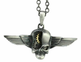 Steampunk Gearwork Cyborg Terminator Skull With Angelic Wings Pewter Necklace - £16.07 GBP