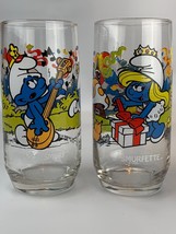 Smurfette &amp; Harmony Smurf Drinking Glasses 2 PC Set 1983 Peyo - £12.36 GBP