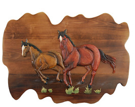 Running Horses Hand Crafted Intarsia Wood Art Wall Hanging 26 X 18 X 2.5... - £85.77 GBP
