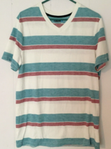 Tony Hawk t-shirt size L men short sleeve v-neck striped, white,blue,red - £6.18 GBP