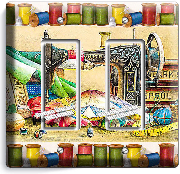 RETRO SEWING MACHINE SPOOLS YARN DOUBLE GFI LIGHT SWITCH PLATE TAILOR ROOM DECOR