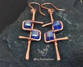 Handmade copper earrings: geometric design wire wrapped with blue cube crystals - £26.37 GBP
