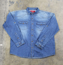 Men&#39;s Cotton Blue Denim Long Sleeve Button Up Collared Casual Dress Shirt L - £19.61 GBP