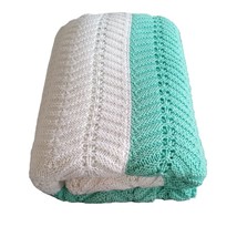 VTG Crochet Knit Throw Blanket Stripe Teal White Handmade 80x80 w Flaws - £30.83 GBP