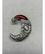 Vintage TC Brand Pewter Brooch Santa Face Crescent Moon Rhinestone/Ename... - $15.84
