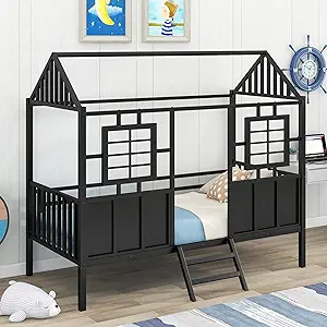 Merax Twin Size Metal House Bed with Roof and Two Front Windows, Low Lof... - $501.99