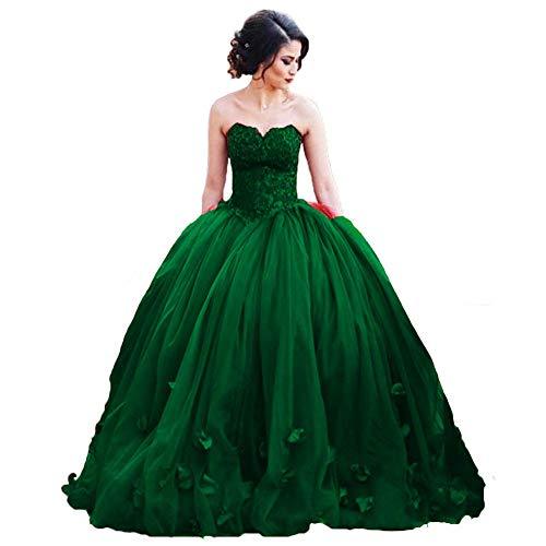 Long Ball Gown Tulle Floral Beaded Lace Formal Prom Dresses Emerald Green US 4