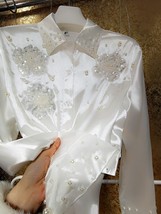 D flower heavy sequins beaded white shirt women high end satin polo collar long sleeved thumb200