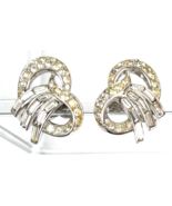 Vintage Signed Crown Trifari Earrings Clip  Rhinestone Silver Tone 1940&#39;... - £21.81 GBP
