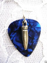 New Dark Blue Guitar Pick &amp; 3D Small Solid Pewter Bullet Charm Pendant Necklace - £3.90 GBP